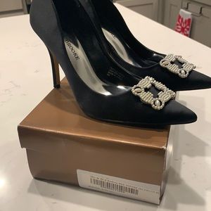 Black Audrey Brooke heels with a  pearl embellished
